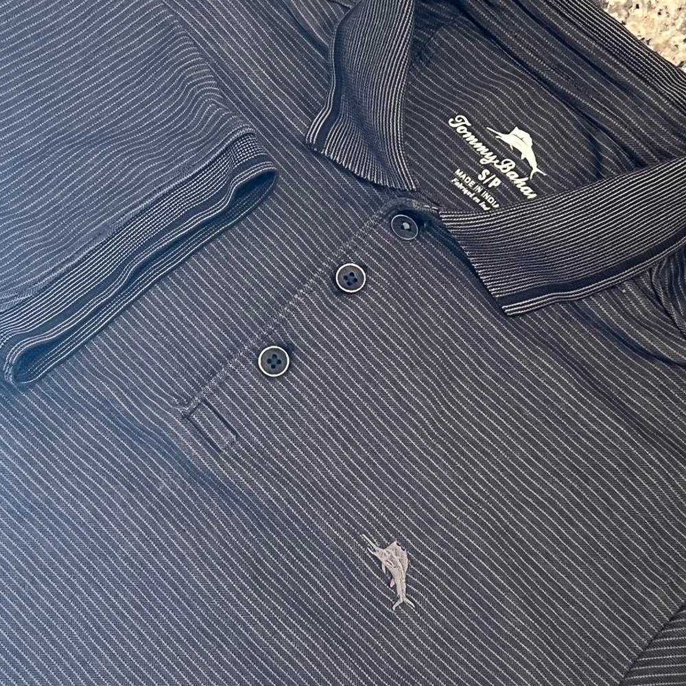 Tommy Bahama Polo Shirt Mens S Black Gray Stripe S/S Supima Cotton Performance
